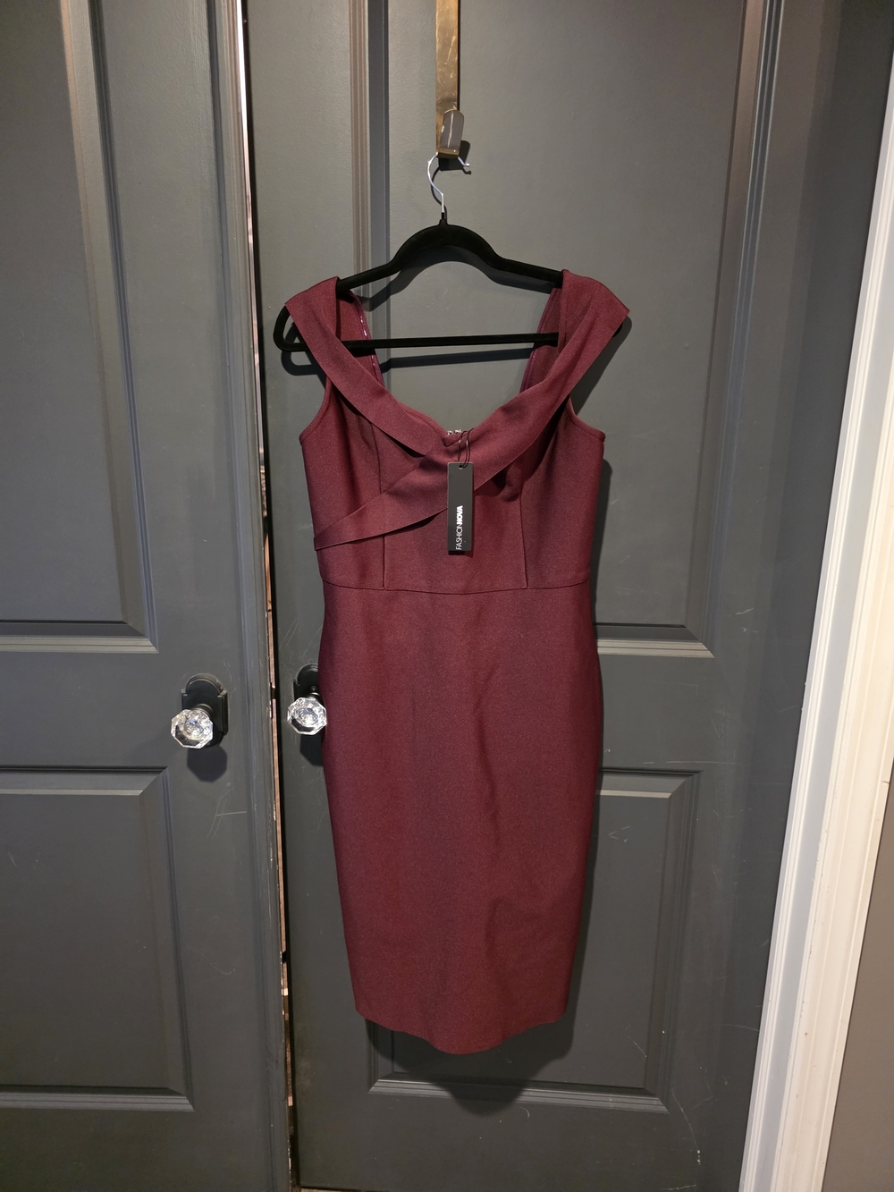 Fashion Nova Burgundy Off-Shoulder Midi Sheath Dress